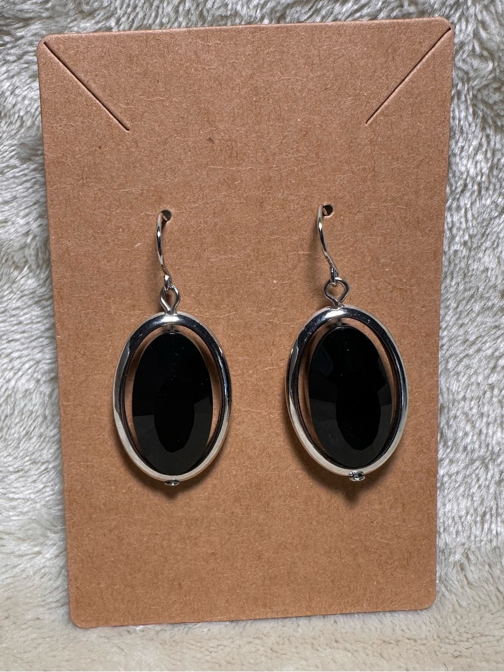 Silver Tone Drop Earrings with Black Oval Stone